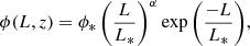 Mathematical equation: $$ \begin{aligned} \phi (L, z) = \phi _* \left(\frac{L}{L_*}\right)^{\alpha } \exp {\left(\frac{-L}{L_*}\right)}, \end{aligned} $$
