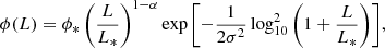 Mathematical equation: $$ \begin{aligned} \phi (L) = \phi _* \left(\frac{L}{L_*}\right)^{1-\alpha } \exp {\left[ -\frac{1}{2\sigma ^2}\log ^2_{10}\left(1+\frac{L}{L_*}\right)\right]}, \end{aligned} $$