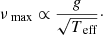 Mathematical equation: $$ \begin{aligned} \nu _{\text{ max}} \propto \frac{{g}}{\sqrt{T_{\text{ eff}}}}\cdot \end{aligned} $$