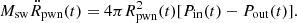 Mathematical equation: $$ \begin{aligned} M_{\rm sw}\ddot{R}_{\rm pwn}(t)=4\pi R^2_{\rm pwn}(t)[P_{\rm in}(t)-P_{\rm out}(t)]. \end{aligned} $$