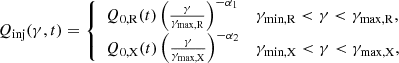 Mathematical equation: $$ \begin{aligned} Q_{\rm inj}(\gamma ,t)= \left\{ \begin{array}{ll} Q_{0,\mathrm R}(t)\left(\frac{\gamma }{\gamma _{\rm max,R}}\right)^{-\alpha _1}&\gamma _{\rm min,R}<\gamma <\gamma _{\rm max,R},\\ Q_{0,\mathrm X}(t)\left(\frac{\gamma }{\gamma _{\rm max,X}}\right)^{-\alpha _2}&\gamma _{\rm min,X}<\gamma <\gamma _{\rm max,X}, \end{array} \right. \end{aligned} $$