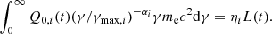 Mathematical equation: $$ \begin{aligned} \int ^{\infty }_0Q_{0,i}(t)(\gamma /{\gamma _{\mathrm{max},i}})^{-\alpha _i} \gamma m_{\rm e}c^2\mathrm{d}\gamma =\eta _i L(t). \end{aligned} $$