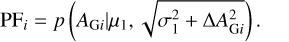 Mathematical equation: \begin{equation*} \textrm{PF}_{i}=p\left(A_{\mathrm{G}i} | \mu_1, \sqrt{\sigma_1^2+\Delta A_{\mathrm{G}i}^2} \right).\end{equation*}