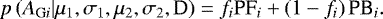 Mathematical equation: \begin{equation*} p\left(A_{\mathrm{G}i} | \mu_1, \sigma_1 ,\mu_2, \sigma_2,\textrm{D}\right)= f_i \textrm{PF}_{i}+\left(1-f_i\right)\textrm{PB}_{i}.\end{equation*}
