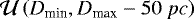 Mathematical equation: $\mathcal{U}\left(D_{\textrm{min}}, D_{\textrm{max}} -50 \ pc \right)$