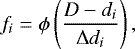 Mathematical equation: \begin{equation*} f_i=\phi\left( \frac{D-{d}_i }{ \Delta {d}_i } \right), \end{equation*}