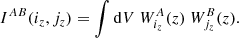 Mathematical equation: $$ \begin{aligned} I^{AB}(i_z,j_z) = \int {\mathrm{d} } V \ W_{i_z}^A(z) \ W_{j_z}^B(z). \end{aligned} $$
