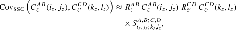 Mathematical equation: $$ \begin{aligned} {\mathrm{Cov} }_{\mathrm{SSC} }\left(C_{\ell }^{AB}(i_z,j_z),C_{\ell ^{\prime }}^{CD}(k_z,l_z)\right) \approx &\ R_\ell ^{AB} \, C_{\ell }^{AB}(i_z,j_z) \ R_{\ell ^{\prime }}^{CD} \, C_{\ell ^{\prime }}^{CD}(k_z,l_z) \nonumber \\& \times S^{A,B;C,D}_{i_z,j_z;k_z,l_z}, \end{aligned} $$