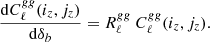 Mathematical equation: $$ \begin{aligned} \frac{{\mathrm{d} } C_\ell ^{gg}(i_z,j_z)}{{\mathrm{d} } \delta _b} = R_\ell ^{gg} \ C_\ell ^{gg}(i_z,j_z). \end{aligned} $$