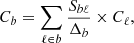 Mathematical equation: $$ \begin{aligned} C_b=\displaystyle \sum _{\ell \in b}\frac{S_{b\ell }}{\Delta _b}\times C_\ell , \end{aligned} $$