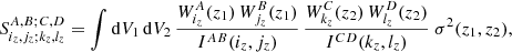 Mathematical equation: $$ \begin{aligned} S^{A,B;C,D}_{i_z,j_z;k_z,l_z} = \int {\mathrm{d} } V_1 \, {\mathrm{d} } V_2 \, \frac{W_{i_z}^A(z_1) \, W_{j_z}^B(z_1)}{I^{AB}(i_z,j_z)} \, \frac{W_{k_z}^C(z_2) \, W_{l_z}^D(z_2)}{I^{CD}(k_z,l_z)} \ \sigma ^2(z_1,z_2), \end{aligned} $$