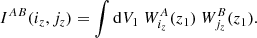 Mathematical equation: $$ \begin{aligned} I^{AB}(i_z,j_z) = \int {\mathrm{d} } V_1 \ W_{i_z}^A(z_1) \ W_{j_z}^B(z_1). \end{aligned} $$