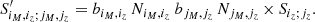 Mathematical equation: $$ \begin{aligned} S^{\prime }_{i_M,i_z;j_M,j_z} = b_{i_M,i_z} \, N_{i_M,i_z} \ b_{j_M,j_z} \, N_{j_M,j_z}\,{\times }\,S_{i_z;j_z}. \end{aligned} $$