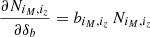 Mathematical equation: $ \frac{\partial N_{i_M,i_z}}{\partial \delta_b} = b_{i_M,i_z} \, N_{i_M,i_z} $