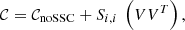 Mathematical equation: $$ \begin{aligned} \mathcal{C} = \mathcal{C} _{\mathrm{noSSC} } + S_{i,i} \ \left(V V^T\right), \end{aligned} $$
