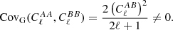 Mathematical equation: $$ \begin{aligned} {\mathrm{Cov} }_{\mathrm{G} }(C_\ell ^{AA},C_\ell ^{BB}) = \frac{2 \left(C_\ell ^{AB}\right)^2}{2\ell +1} \ne 0. \end{aligned} $$