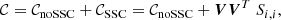 Mathematical equation: $$ \begin{aligned} \mathcal{C} = \mathcal{C} _{\mathrm{noSSC} } + \mathcal{C} _{\mathrm{SSC} } = \mathcal{C} _{\mathrm{noSSC} } + {\boldsymbol{V}} {\boldsymbol{V}}^T \ S_{i,i}, \end{aligned} $$