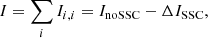 Mathematical equation: $$ \begin{aligned} I = \sum _i I_{i,i} = I_{\mathrm{noSSC} } - \Delta I_{\mathrm{SSC}}, \end{aligned} $$