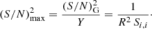Mathematical equation: $$ \begin{aligned} \left(S/N\right)^2_{\mathrm{max} } =\frac{(S/N)^2_{\mathrm{G} }}{Y} = \frac{1}{R^2 \, S_{i,i}}\cdot \end{aligned} $$