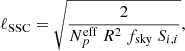 Mathematical equation: $$ \begin{aligned} \ell _{\mathrm{SSC} } = \sqrt{\frac{2}{N_p^\mathrm{eff} \ R^2 \ f_{\mathrm{sky} } \ S_{i,i}}}, \end{aligned} $$