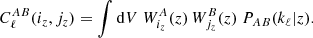 Mathematical equation: $$ \begin{aligned} C_{\ell }^{AB}(i_z,j_z) = \int {\mathrm{d} } V \ W^A_{i_z}(z) \, W^B_{j_z}(z) \ P_{AB}(k_\ell |z). \end{aligned} $$