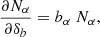 Mathematical equation: $$ \begin{aligned} \frac{\partial N_\alpha }{\partial \delta _b} = b_\alpha \ N_\alpha , \end{aligned} $$