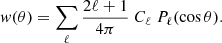 Mathematical equation: $$ \begin{aligned} w(\theta ) = \sum _\ell \frac{2\ell +1}{4\pi } \ C_\ell \ P_\ell (\cos \theta ). \end{aligned} $$