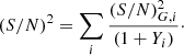 Mathematical equation: $$ \begin{aligned} \left(S/N\right)^2 = \displaystyle \sum _i \frac{\left(S/N\right)^2_{G,i}}{(1+Y_i)}\cdot \end{aligned} $$