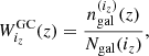 Mathematical equation: $$ \begin{aligned} W_{i_z}^\mathrm{GC} (z)= \frac{n_{\mathrm{gal} }^{(i_z)}(z)}{N_{\mathrm{gal} }(i_z)}, \end{aligned} $$