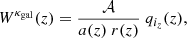Mathematical equation: $$ \begin{aligned} W^{\kappa _{\mathrm{gal} }}(z)= \frac{\mathcal{A}}{a(z) \ r(z)} \ q_{i_z}(z), \end{aligned} $$