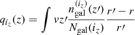 Mathematical equation: $ q_{i_z}(z) = \int v z\prime \frac{n_{\mathrm{gal}}^{(i_z)}(z\prime)}{N_{\mathrm{gal}}(i_z)} \frac{r\prime-r}{r\prime} $