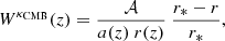 Mathematical equation: $$ \begin{aligned} W^{\kappa _\mathrm{CMB} }(z)= \frac{\mathcal{A}}{a(z) \ r(z)} \ \frac{r_*-r}{r_*}, \end{aligned} $$