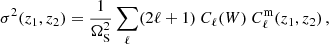 Mathematical equation: $$ \begin{aligned} \sigma ^2(z_1,z_2) = \frac{1}{\Omega _\mathrm{S} ^2} \sum _\ell (2\ell +1) \ C_\ell (W) \ C_\ell ^{\mathrm{m} }(z_1,z_2)\,, \end{aligned} $$