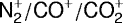 Mathematical equation: ${\textrm{\sf N}}_{\textrm{\sf 2}}^+/{\textrm{\sf CO}}^+/{\textrm{\sf CO}}_{\textrm{\sf 2}}^+$