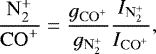 Mathematical equation: \[\frac{{\mathrm N}_2^+}{{\mathrm{CO}}^+} = \frac{g_{{\mathrm{CO}}^+}}{g_{{\mathrm N}_2^+}}\frac{I_{{\mathrm N}_2^+}}{I_{{\mathrm{CO}}^+}},\]