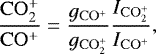 Mathematical equation: \[ \mathrm{\frac{CO_2^+}{CO^+}} = \frac{{g}_{\mathrm{CO^+}}}{g_{\mathrm{CO_2^+}}}\frac{I_{\mathrm{CO_2^+}}}{I_{\mathrm{CO^+}}},\]