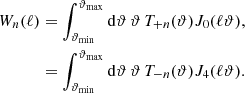 Mathematical equation: $$ \begin{aligned} W_n(\ell )&= \int _{\vartheta _{\rm {min}}}^{\vartheta _{\rm {max}}}{\mathrm{d}}\vartheta \, \vartheta \,T_{+n}(\vartheta ) {J}_0(\ell \vartheta ), \nonumber \\&= \int _{\vartheta _{\rm {min}}}^{\vartheta _{\rm {max}}}{\mathrm{d}}\vartheta \, \vartheta \,T_{-n} (\vartheta ) {J}_4(\ell \vartheta ). \end{aligned} $$