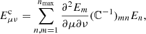 Mathematical equation: $$ \begin{aligned} E^{\mathrm{c}}_{\mu \nu }=\mathop \sum \limits _{n,m=1}^{n_{\mathrm{max}}} \frac{\partial ^2 E_m}{\partial \mu \partial \nu } ({\mathbb{C} }^{-1})_{mn} E_n, \end{aligned} $$