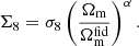 Mathematical equation: $$ \begin{aligned} \Sigma _8=\sigma _8\left(\frac{\Omega _{\mathrm{m}}}{\Omega ^\mathrm{fid}_{\mathrm{m}}}\right)^\alpha . \end{aligned} $$