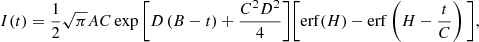 Mathematical equation: $$ \begin{aligned} I(t) = \frac{1}{2}\sqrt{\pi }AC\exp \Bigg [ D\,(B-t) + \frac{C^2D^2}{4}\Bigg ] \Bigg [ \mathrm{erf} (H) - \mathrm{erf} \left( H - \frac{t}{C}\right) \Bigg ] , \end{aligned} $$