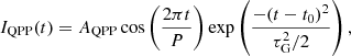 Mathematical equation: $$ \begin{aligned} I_{\mathrm{QPP} }(t) = A_{\mathrm{QPP} }\cos \left(\frac{2\pi t}{P}\right) \exp \left(\frac{-(t-t_0)^2}{\tau _{\mathrm{G} }^2/2}\right) , \end{aligned} $$