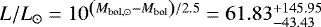 Mathematical equation: $L / L_{\odot} = 10^{\left( M_{\mathrm{bol,}\odot} - {M_{\mathrm{bol}}} \right) / 2.5} = 61.83^{+145.95}_{-43.43}$
