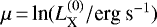 Mathematical equation: $\mu\,{=}\,\textrm{ln} (L^{(0)}_{\textrm{X}}/\textrm{erg~s}^{-1})$
