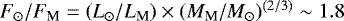 Mathematical equation: $F_{\odot}/F_{\textrm{M}} = (L_{\odot}/L_{\textrm{M}}) \times (M_{\textrm{M}}/M_{\odot})^{(2/3)} \sim 1.8$