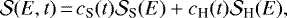 Mathematical equation: \begin{equation*} {\cal S} (E,t)\,{=}\,c_{\textrm{S}}(t) {\cal S}_{\textrm{S}} (E) + c_{\textrm{H}}(t) {\cal S}_{\textrm{H}} (E) ,\end{equation*}
