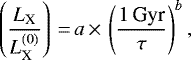 Mathematical equation: \begin{equation*}\left(\frac{{L_{\textrm{X}}}} {L^{(0)}_{\textrm{X}}} \right)\,{=}\,a\,{\times}\,\left( \frac{\textrm{1\,Gyr}}{\tau} \right)^b ,\end{equation*}