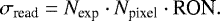 Mathematical equation: \begin{equation*} \sigma_{\text{read}} = N_{\text{exp}} \cdot N_{\text{pixel}} \cdot \text{RON}. \end{equation*}