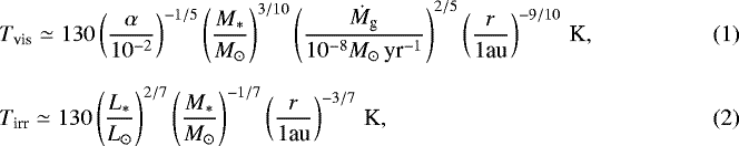 Mathematical equation: \begin{align}&T_{\textrm{vis}} \simeq 130 \left(\frac{\alpha}{10^{-2}} \right)^{-1/5} \left(\frac{M_{\ast}}{M_{\odot}} \right)^{3/10} \left(\frac{\dot{M}_{\textrm{g}}}{10^{-8} M_{\odot}\,{\textrm{yr}^{-1}}} \right)^{2/5} \left(\frac{r}{1 \textrm{au}} \right)^{-9/10} \, \textrm{K}, \\[6pt] &T_{\textrm{irr}} \simeq 130 \left(\frac{L_{\ast}}{L_{\odot}} \right)^{2/7} \left(\frac{M_{\ast}}{M_{\odot}} \right)^{-1/7} \left(\frac{r}{1 \textrm{au}} \right)^{-3/7}\, \textrm{K},\end{align}