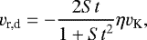 Mathematical equation: \begin{align*} {v}_{\textrm{r,d}} = - \frac{2 {St}}{1 + {St}^2} \eta {v}_{\textrm{K}},\end{align*}