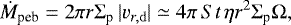Mathematical equation: \begin{equation*} \dot{M}_{\textrm{peb}} = 2 \pi r \Sigma_{\textrm{p}}\, | {v}_{r, \rm d} | \simeq 4 \pi \,{{St}} \, \eta r^2 \Sigma_{\textrm{p}} \Omega,\end{equation*}